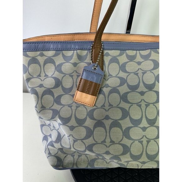 Coach Legacy Weekend Signature Jacquard Shopper Tote 23107 Blue Brown Leather - Picture 2 of 12